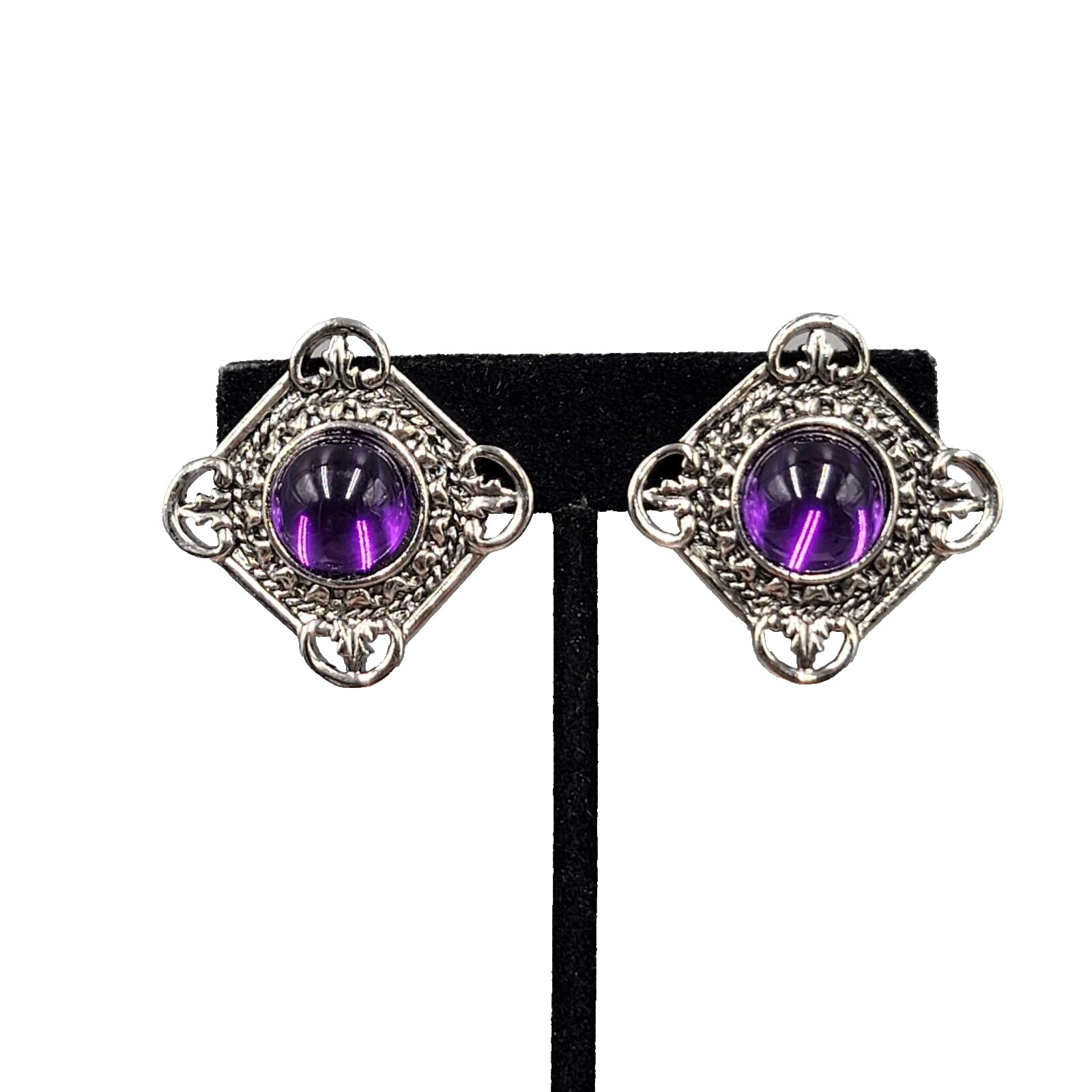 Vintage Translucent Purple Cabochon Clip on Earrings Silver tone 1.25"