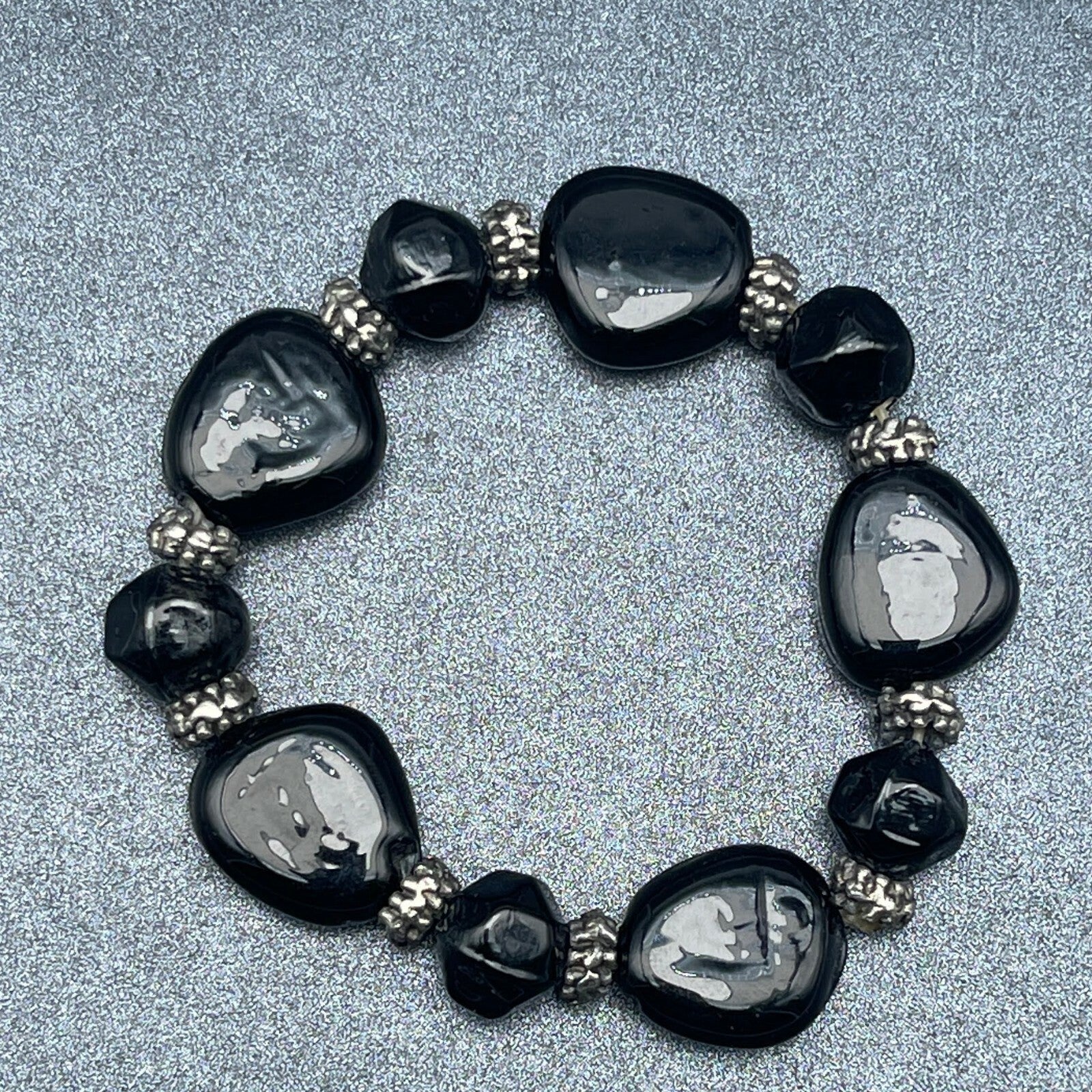 Black Glass and Silver tone Bead Beaded Stretch Elastic Bracelet