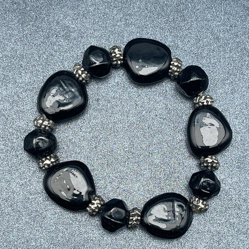 Black Glass and Silver tone Bead Beaded Stretch Elastic Bracelet