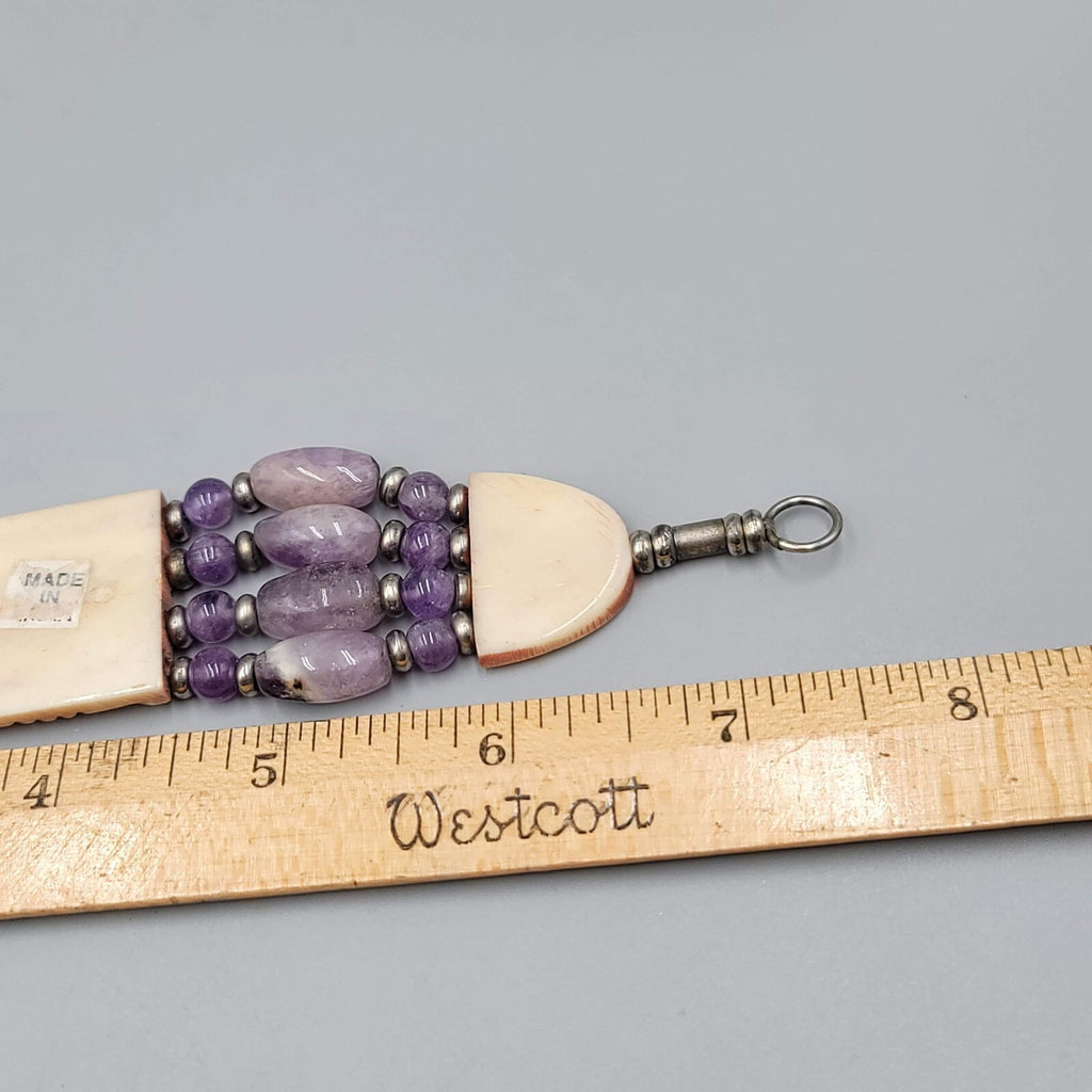India Bracelet Hand Carved and Purple Amethyst Beads Silver tone 7 in