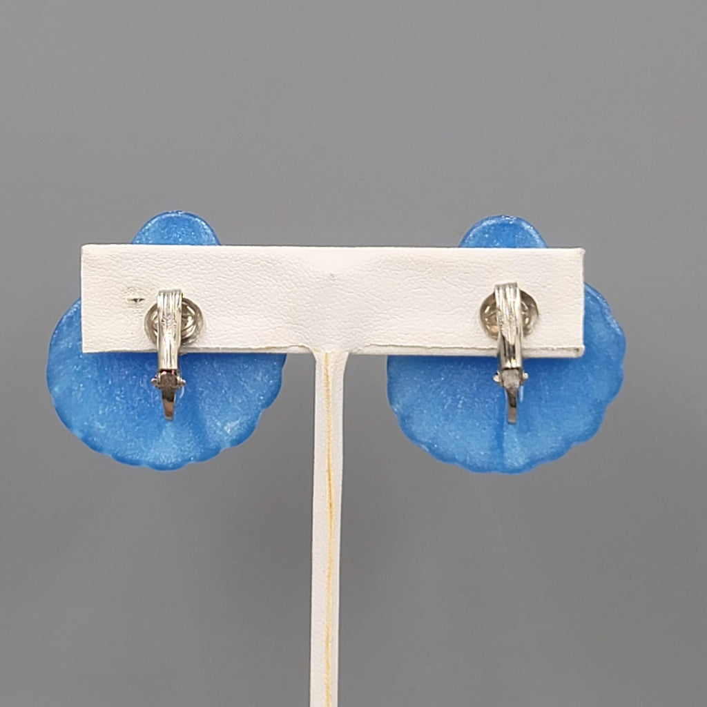 Vintage Blue Shell Clip on Earrings Acrylic Drop Statement Nautical 1 3/8"