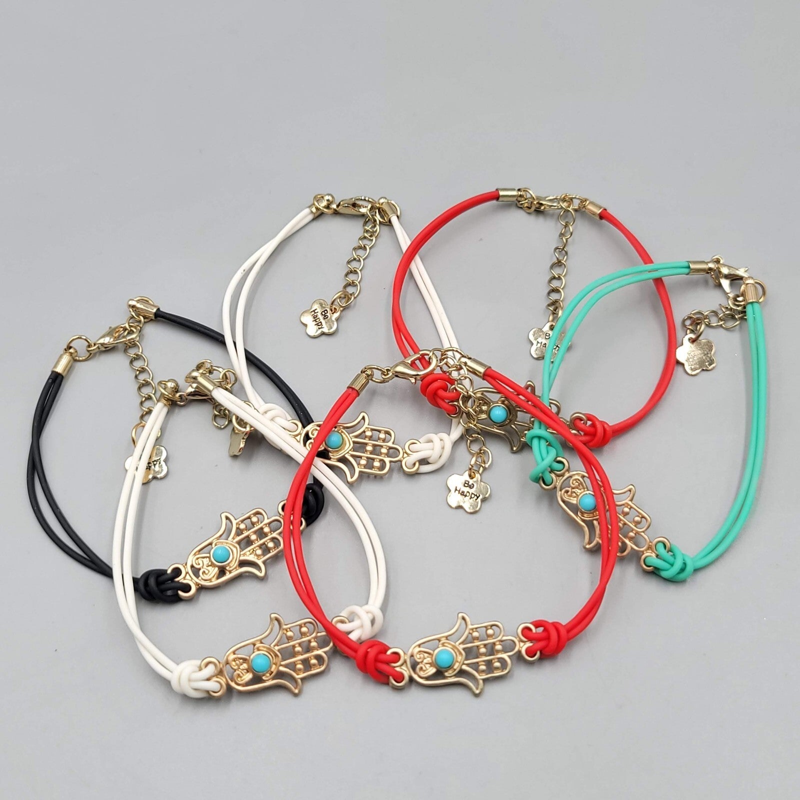 Hamsa Bracelet Lot of 6 Gold tone Multi color Cords Adj Closure Small