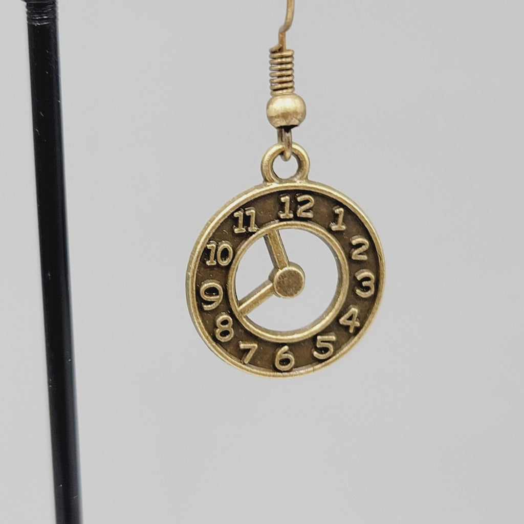 Clock Pierced Earrings Bronze tone Open Work Embossed Dangle New 7/8"