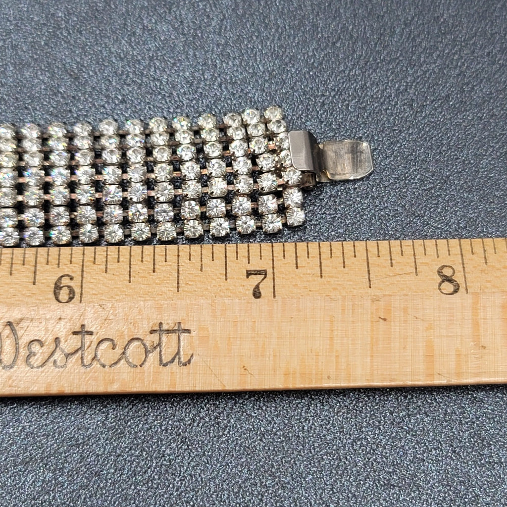 Vintage Wide Rhinestone Bracelet Silver tone 7 in