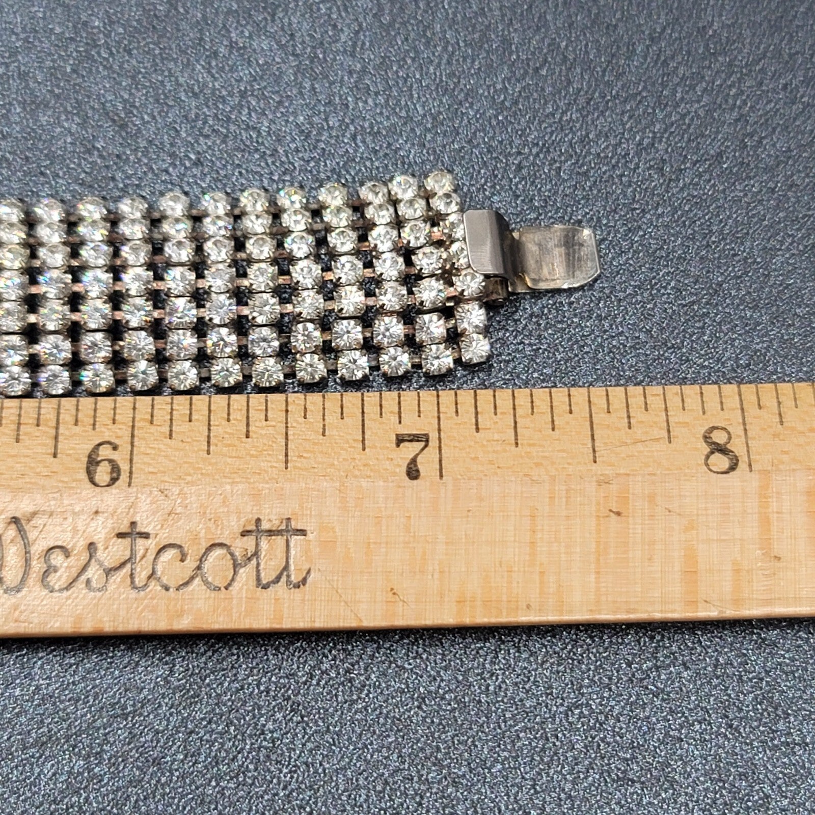 Vintage Wide Rhinestone Bracelet Silver tone 7 in