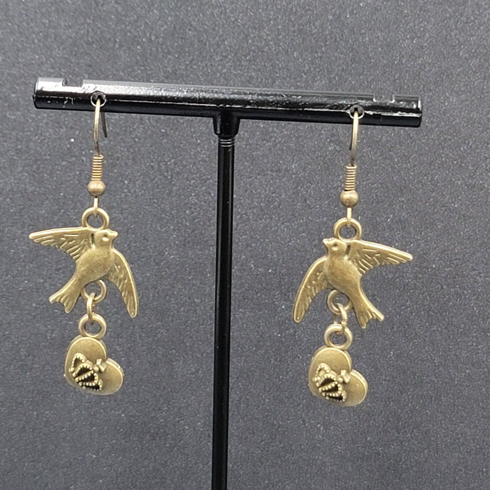 Birds Heart Pierced Earrings Bronze tone Dangle 1.25"