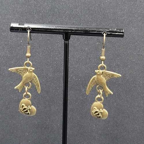 Birds Heart Pierced Earrings Bronze tone Dangle 1.25"