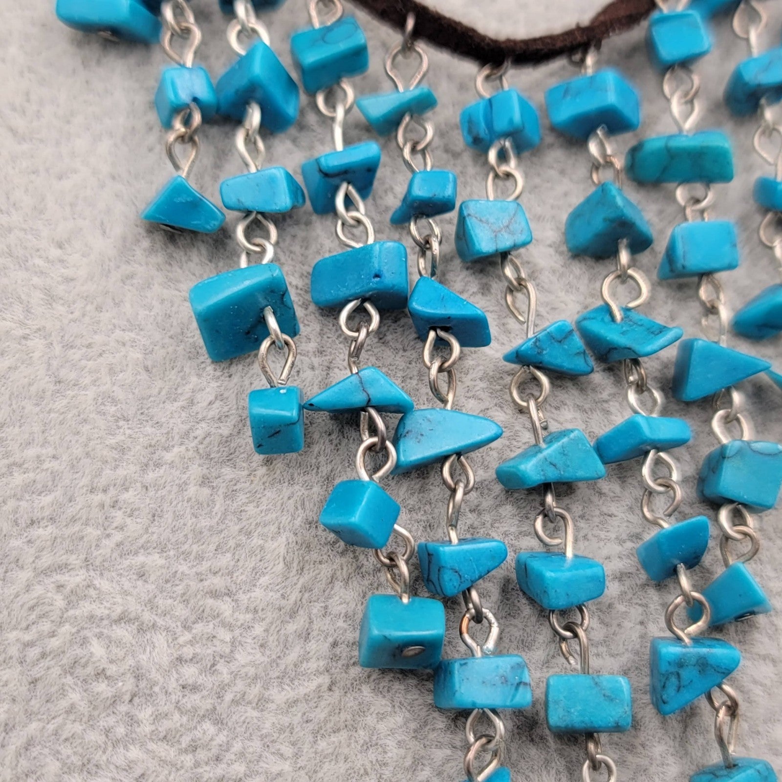 Blue Howlite Stone Chip Beads Waterfall Necklace Brown Suede Leather 16"-20"