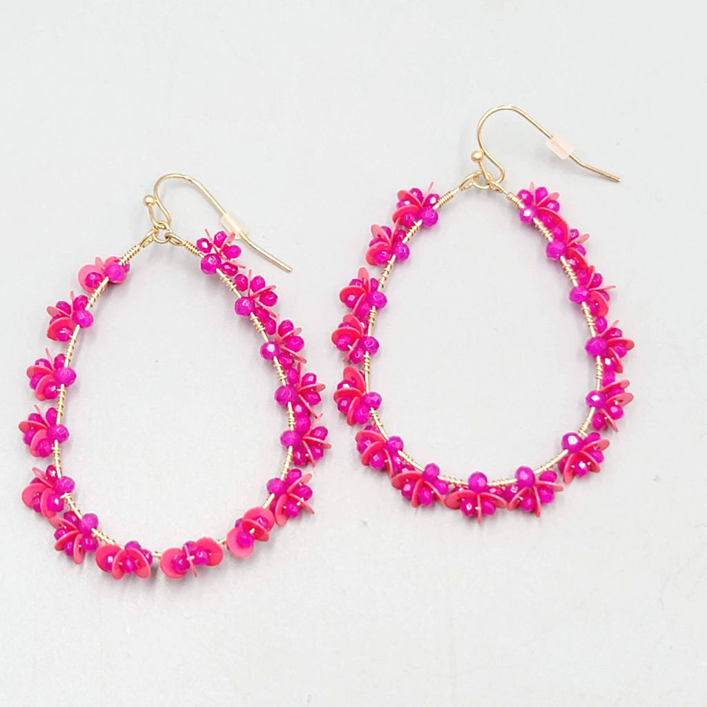 Pink Beaded Flower Teardrop Hoops Pierced Earrings Gold tone Dangle 2"