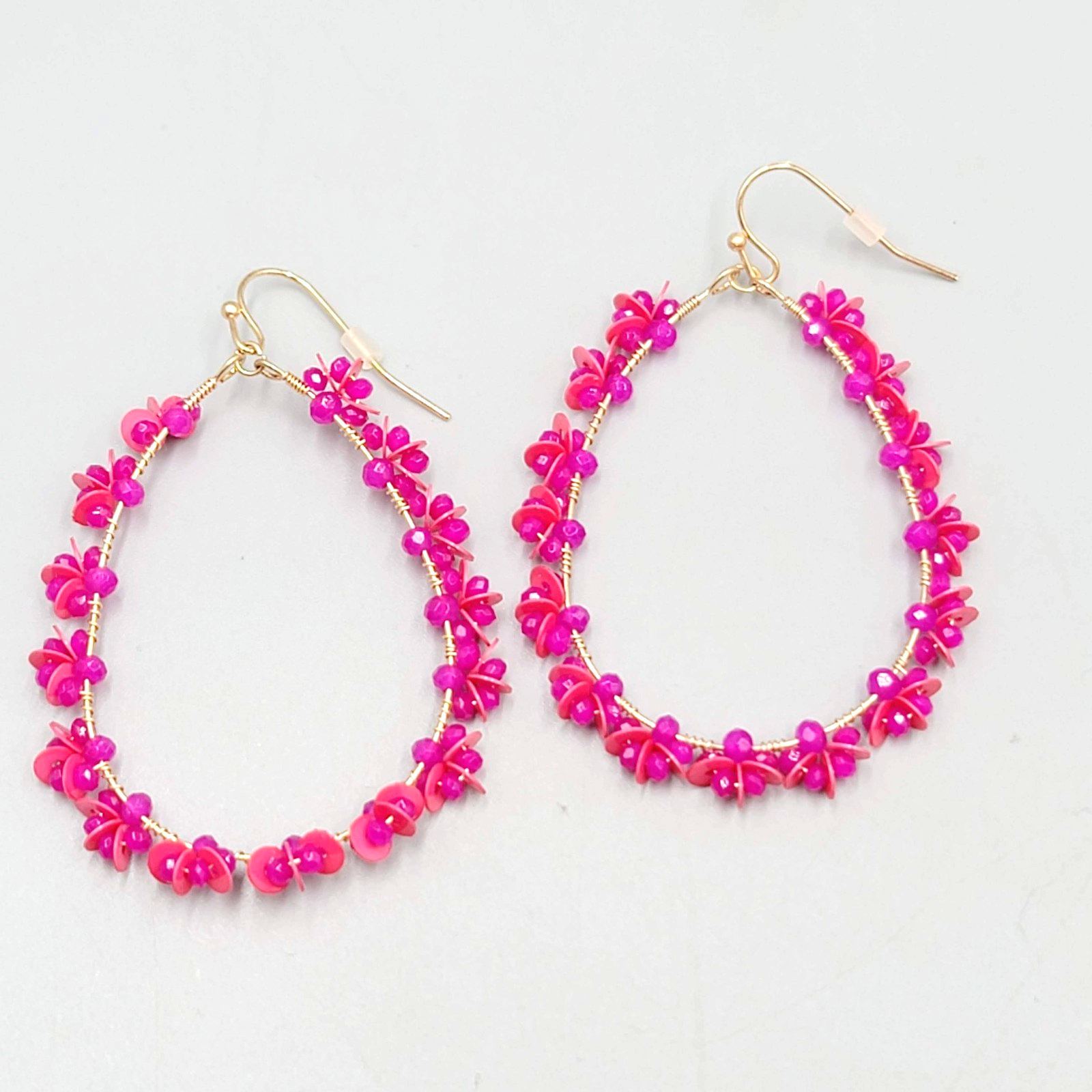 Pink Beaded Flower Teardrop Hoops Pierced Earrings Gold tone Dangle 2"