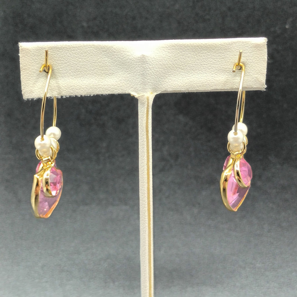Pierced Earrings Gold tone Wire Faux Pearl Pink Faceted Acrylic Hoop 1 1/2"