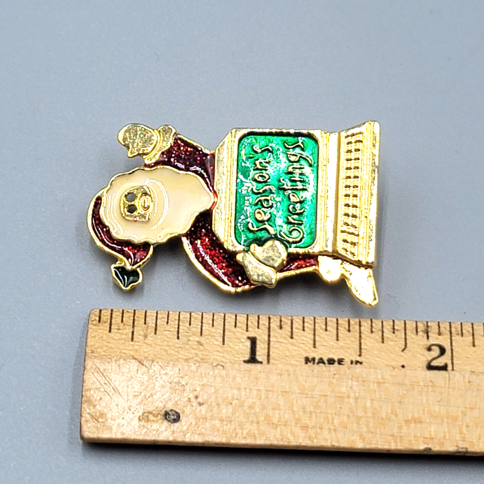 Vintage Christmas Brooch Santa at the Computer Gold tone Enamel 1 5/8"