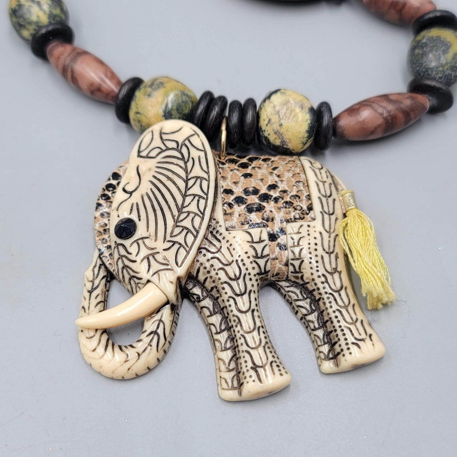 Elephant Pendant Necklace Mixed Stone Beads Toggle Clasp 24 in African Motif