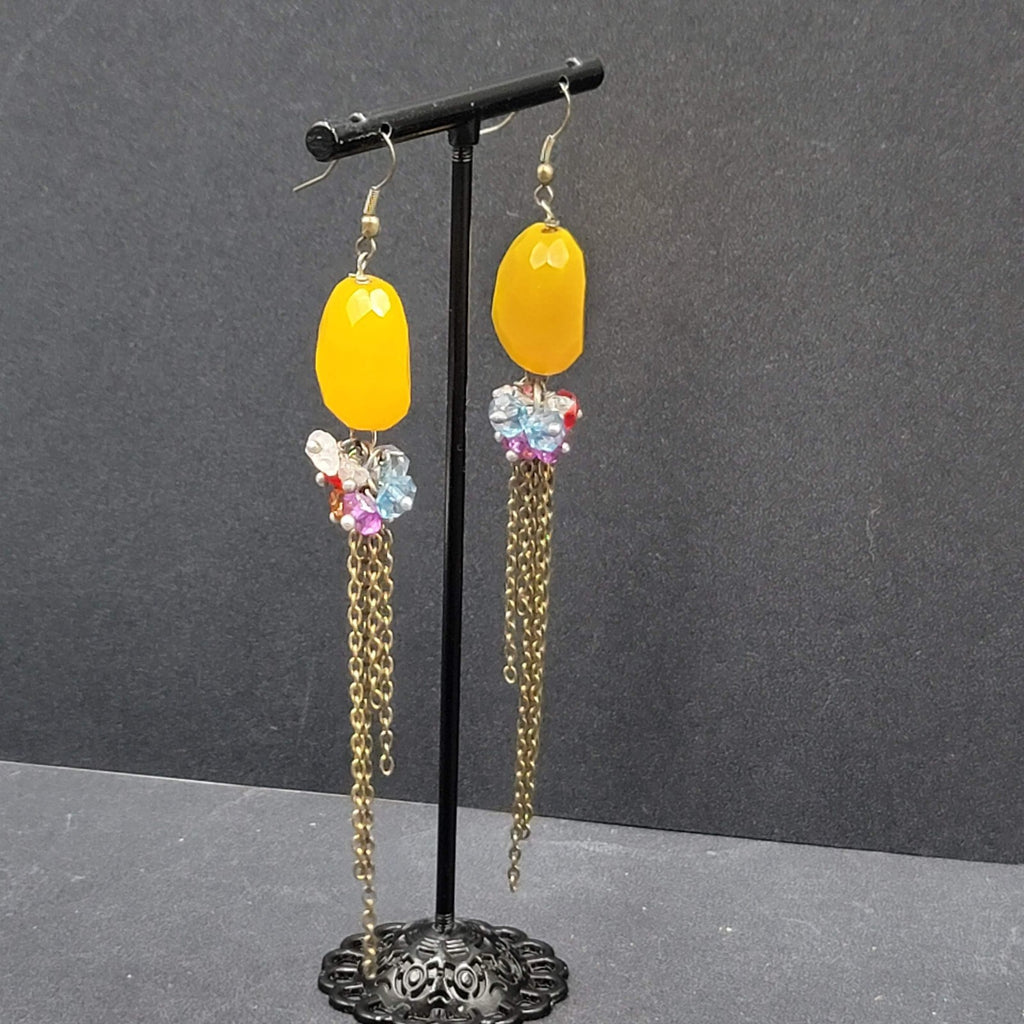 Pierced Earrings Multicolor Quartz Bead Statement Dangle Chains 3.75"