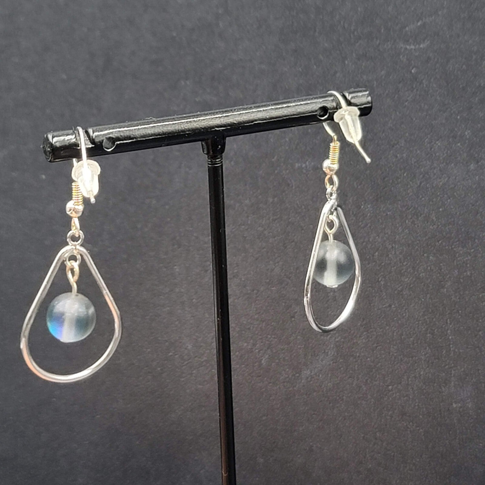Pierced Earrings Silver tone Blue Gray Bead Teardrop Dangle 1 1/8"