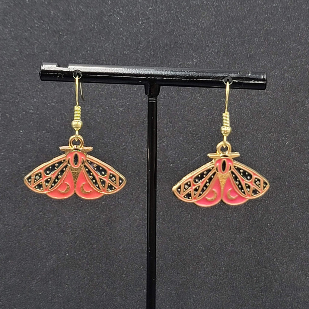 Moth Pierced Earrings Gold tone Pink Black Moons Enamel Dangle 5/8"
