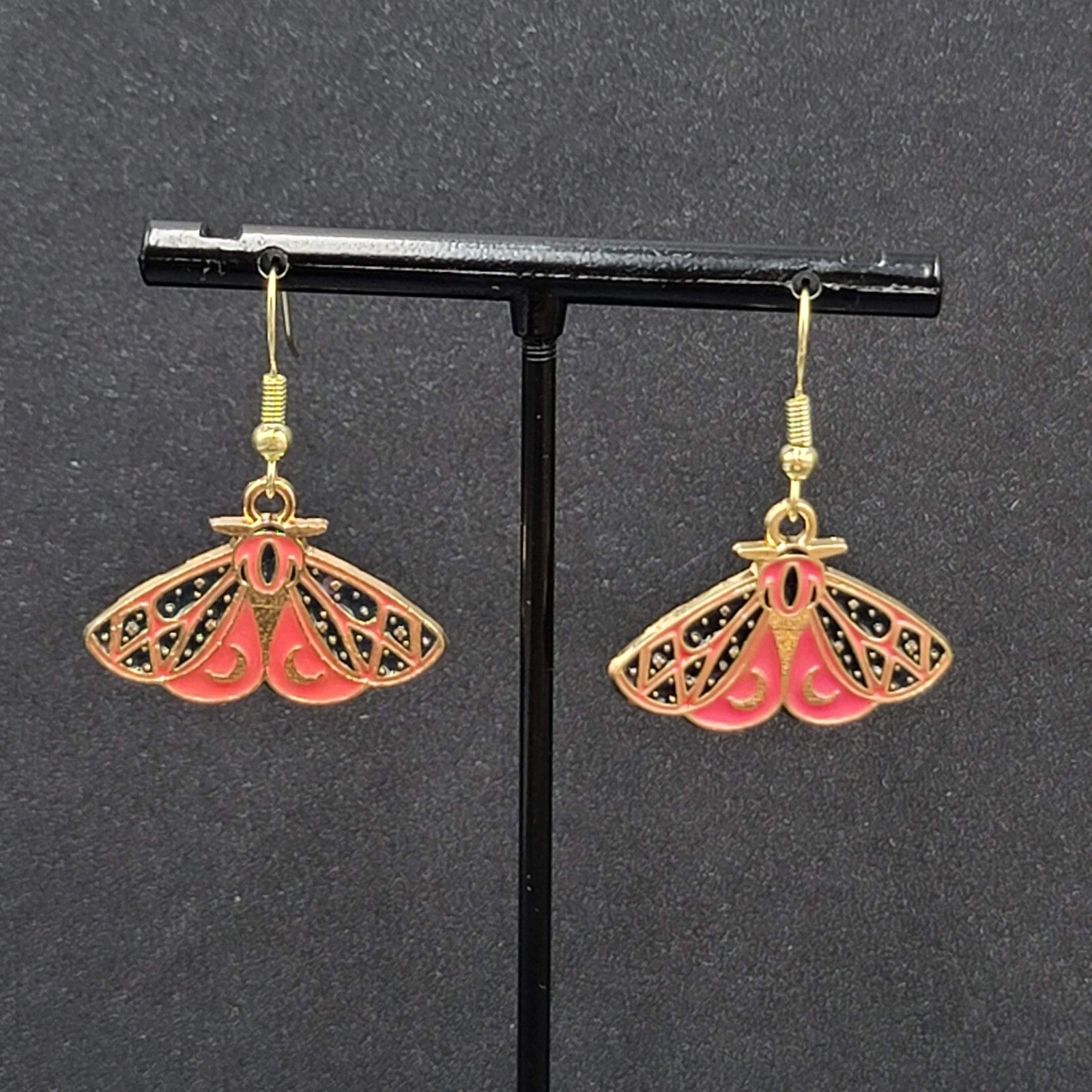Moth Pierced Earrings Gold tone Pink Black Moons Enamel Dangle 5/8"