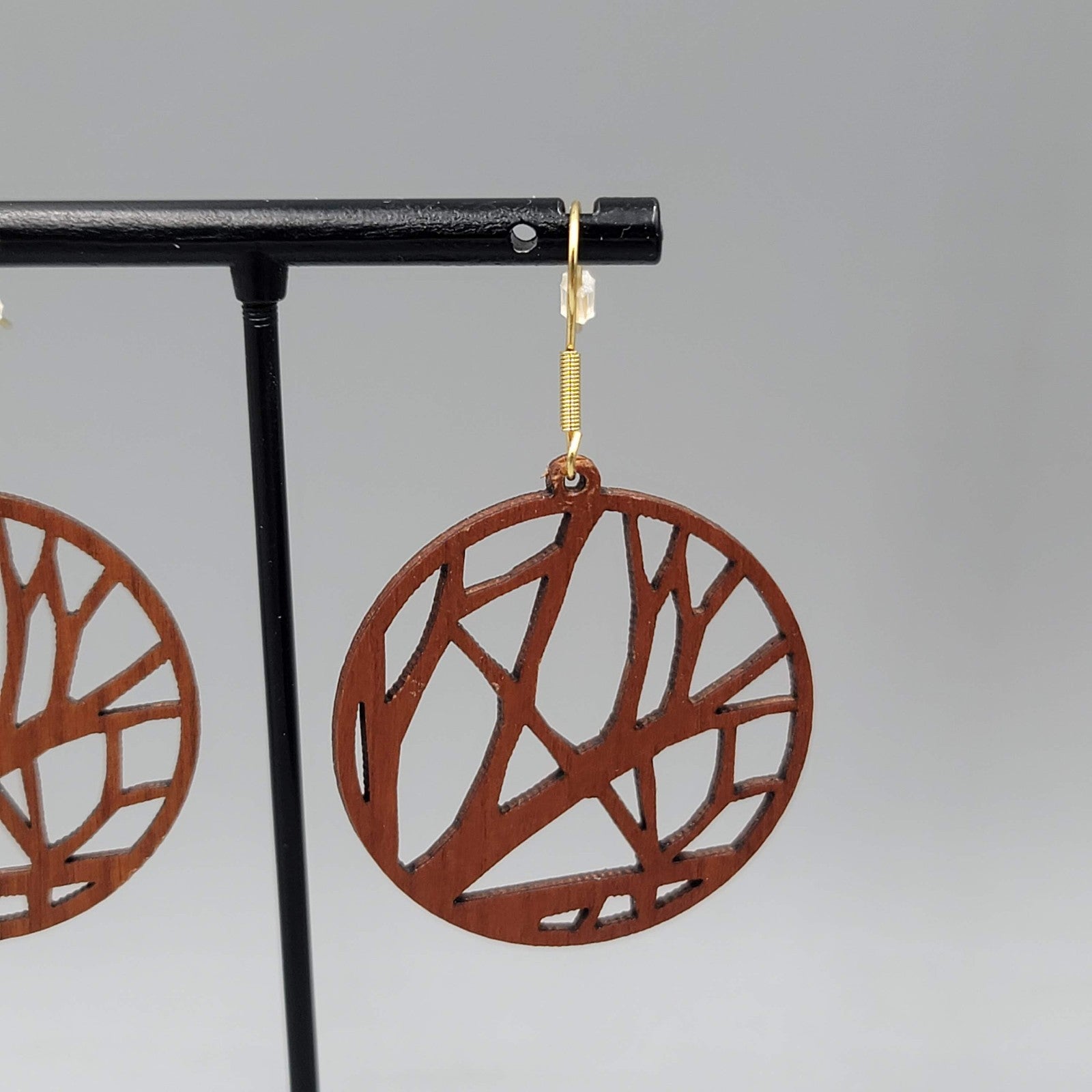 Laser Cut Wood Pierced Earrings Round Gold tone Dangle 1.5 in
