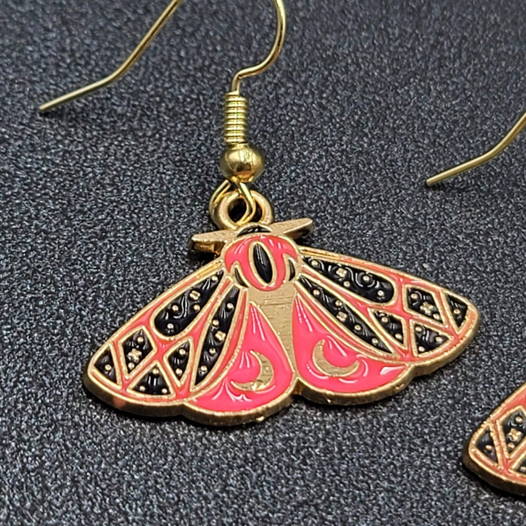 Moth Pierced Earrings Gold tone Pink Black Moons Enamel Dangle 5/8"