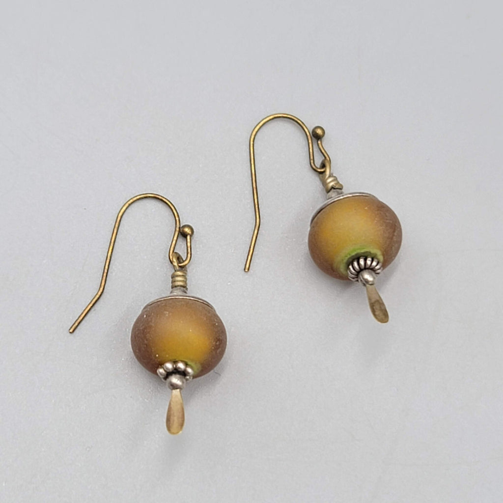 Glass Bead Pierced Earrings Bronze tone & Silver tone Dangle 1"
