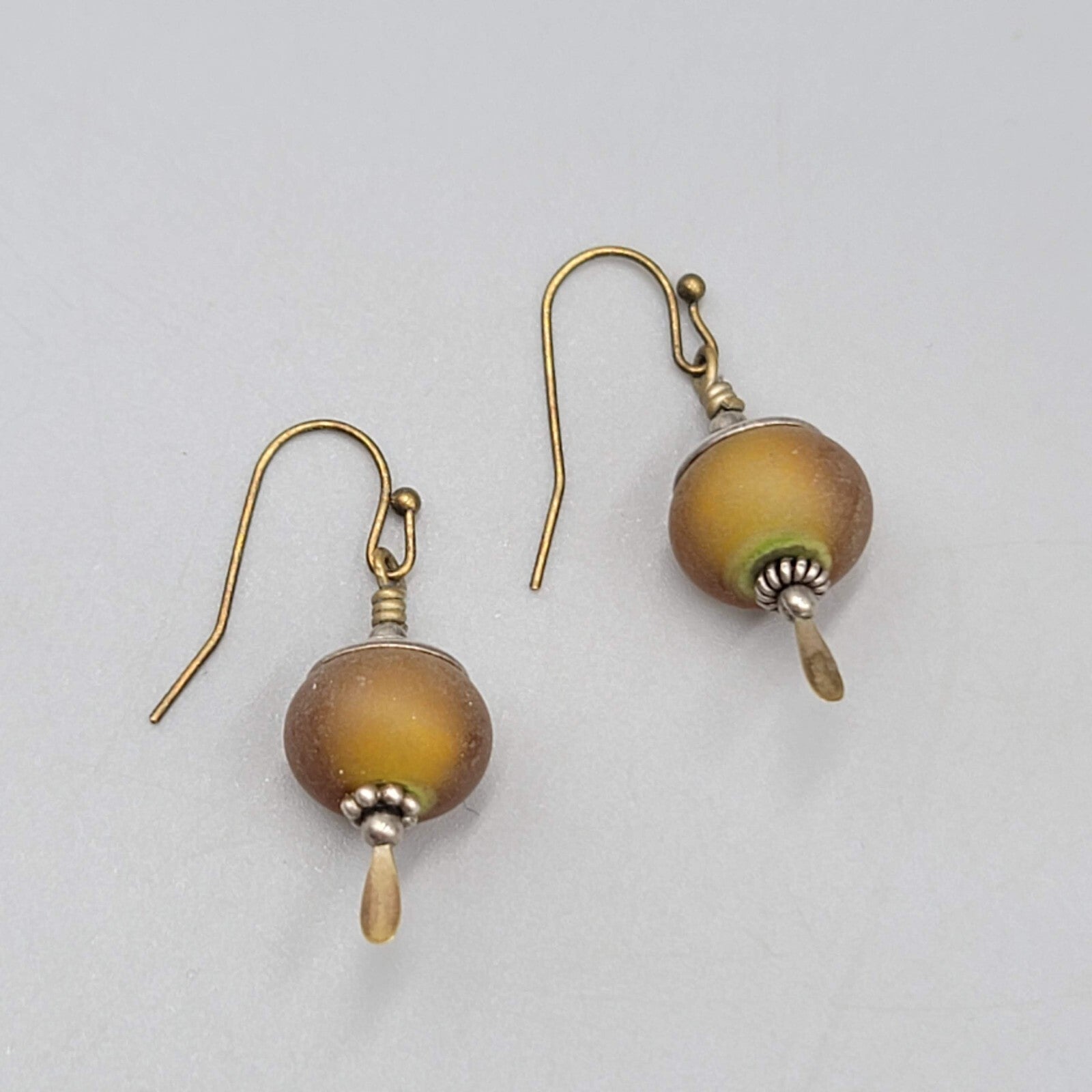 Glass Bead Pierced Earrings Bronze tone & Silver tone Dangle 1"