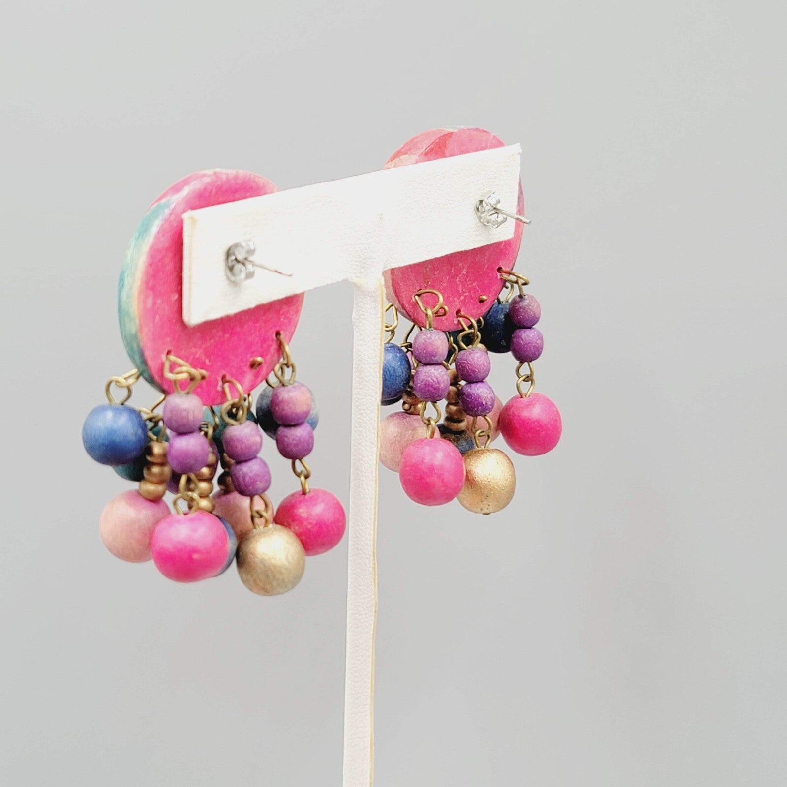 Vintage Painted Wood Statement Pierced Earrings Multicolor Beads 2"