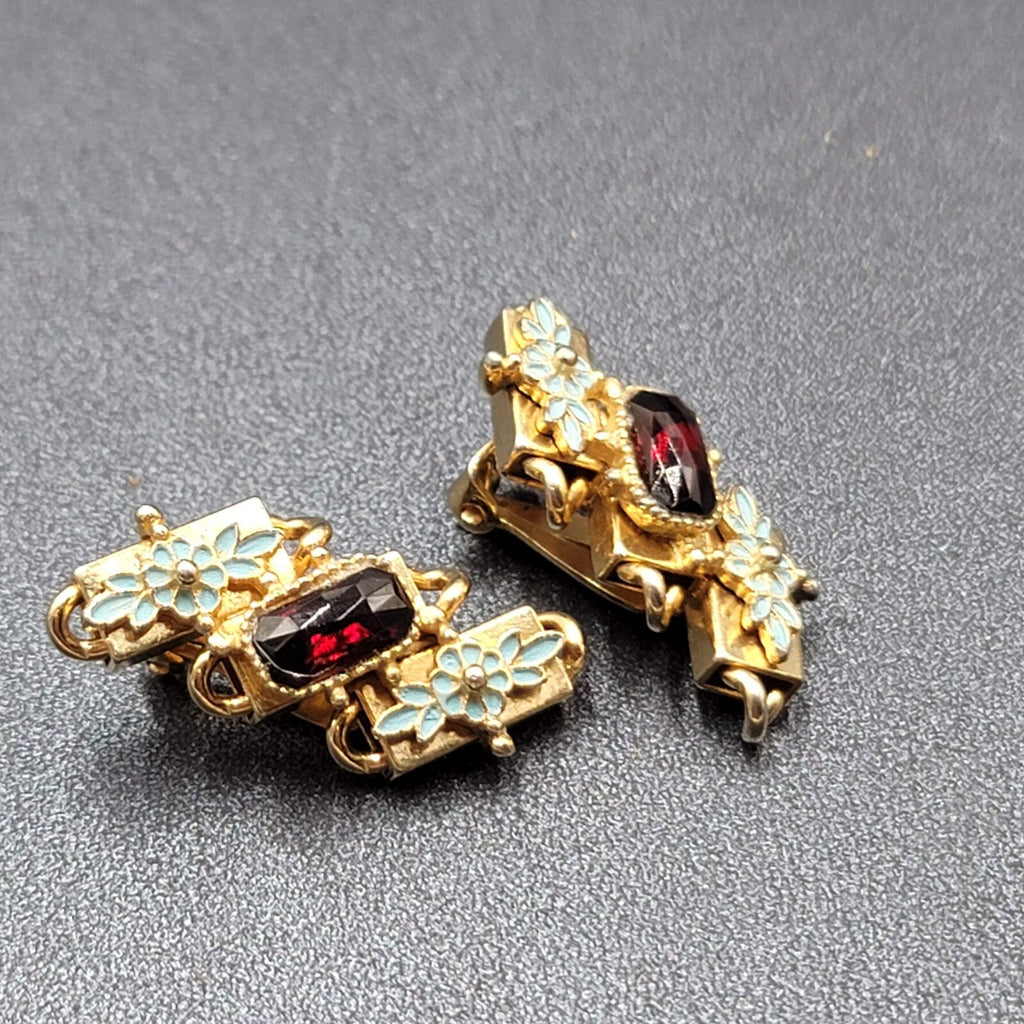 Vintage Clip on Earrings Gold tone Blue Enamel Red Rhinestone Climber 1 3/8"
