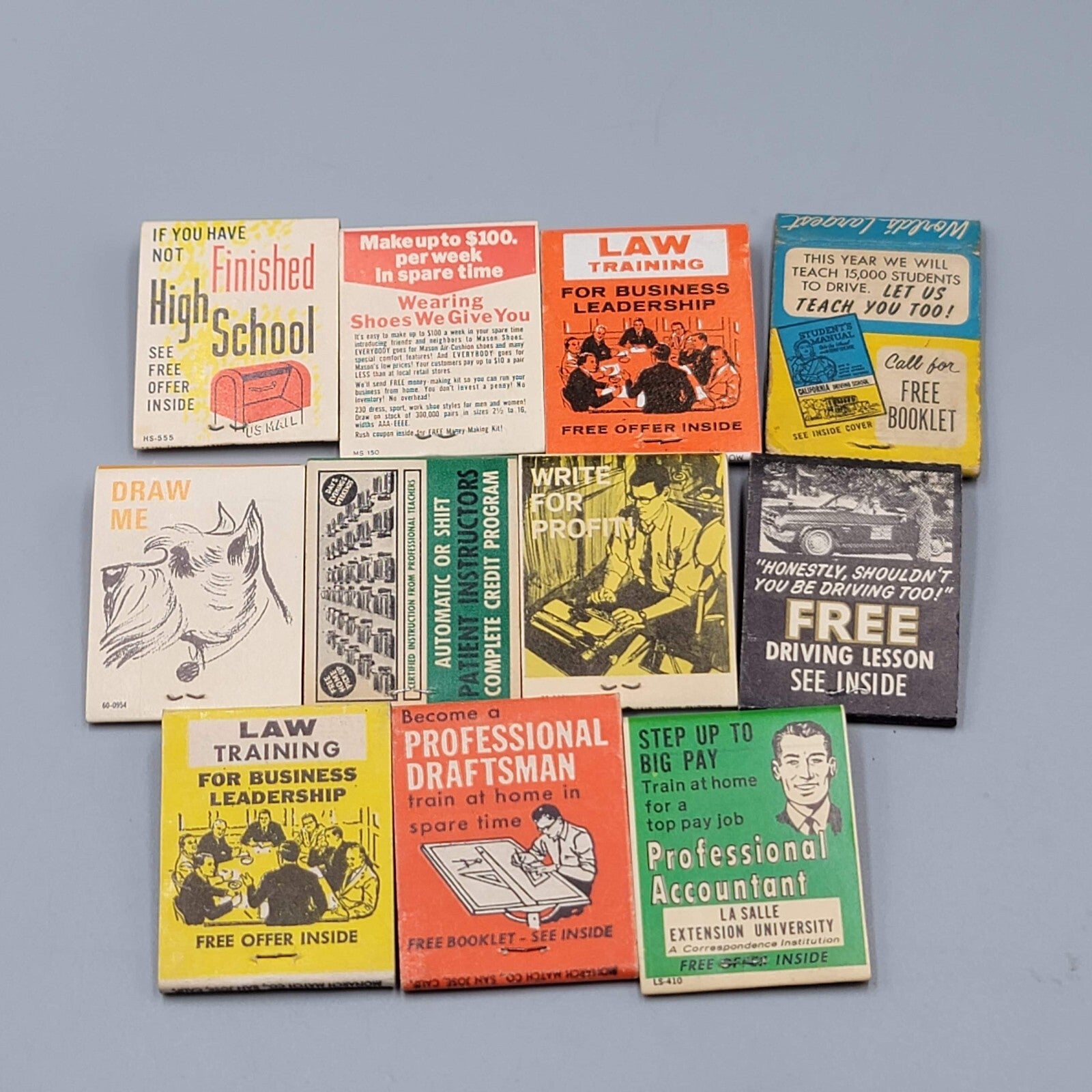 Vintage Matchbook Variety Lot of 11 Study Law Driving School High School