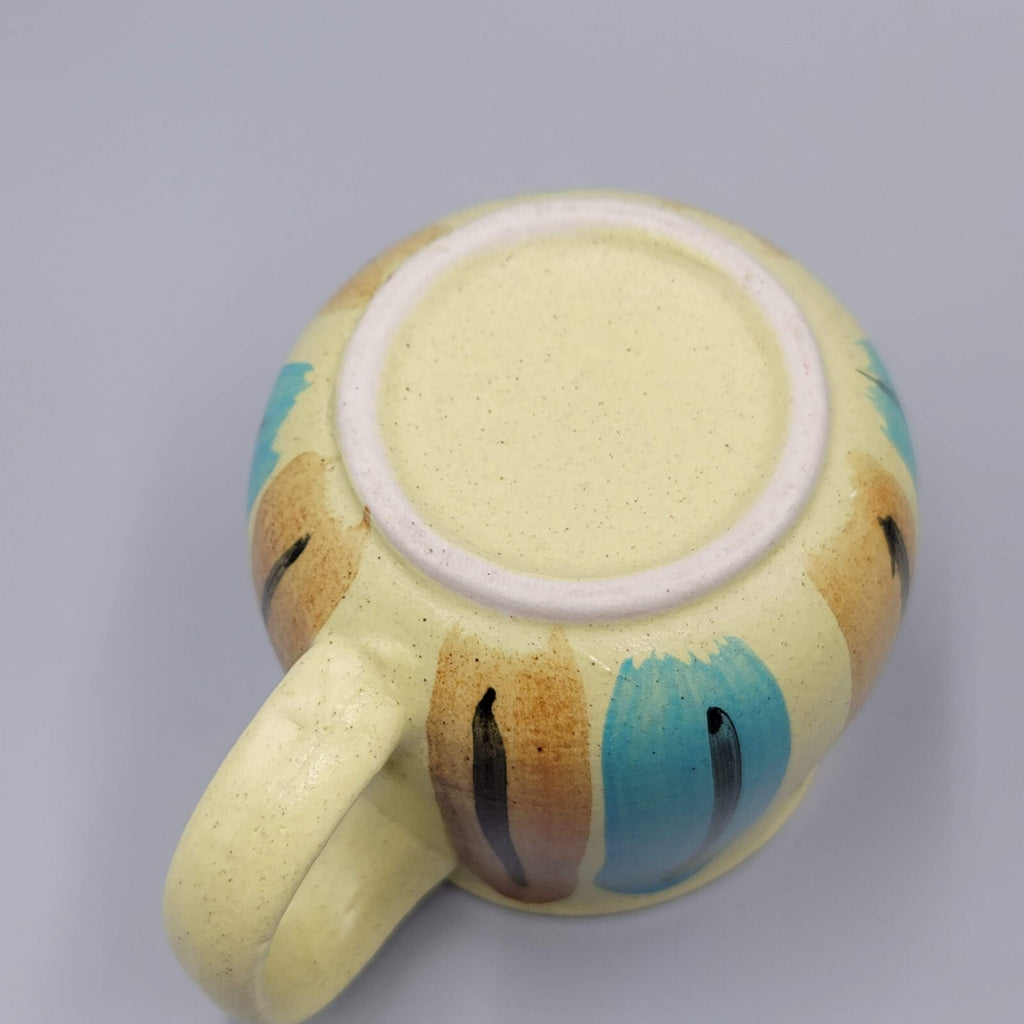 Vintage Small Stoneware Coffee Mug Blue Yellow 8 oz