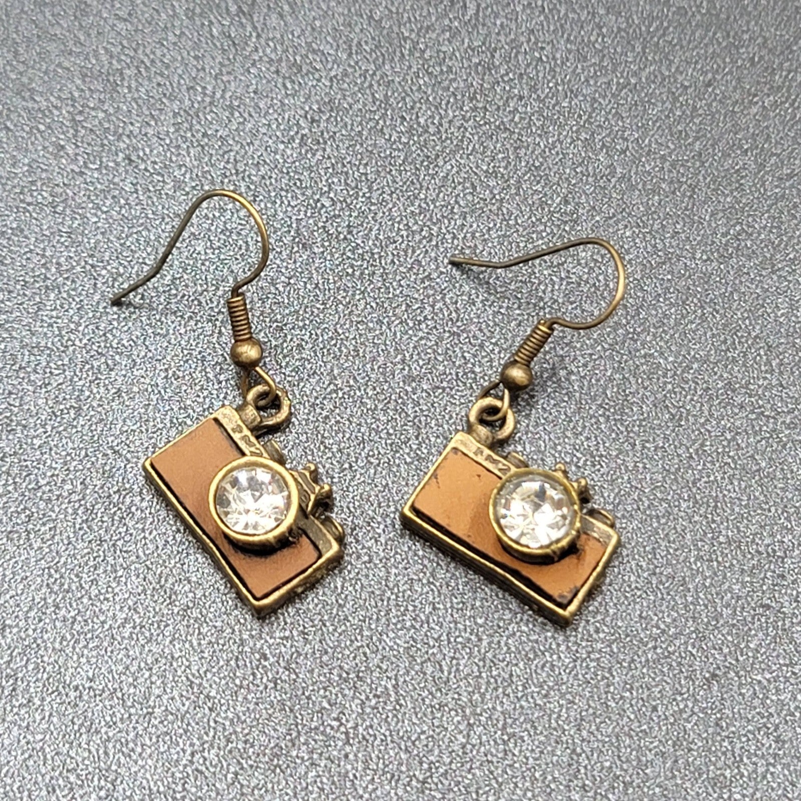 New Rhinestone Camera Pierced Earrings Bronze tone Dangle 3/4"