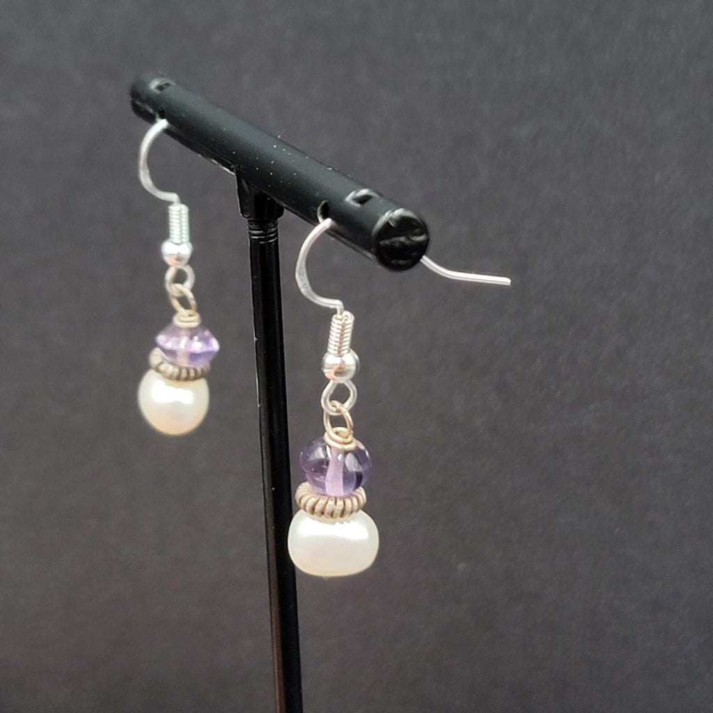 Sterling Silver Pierced Earrings Pearl Amethyst Bead Dangle 5/8"