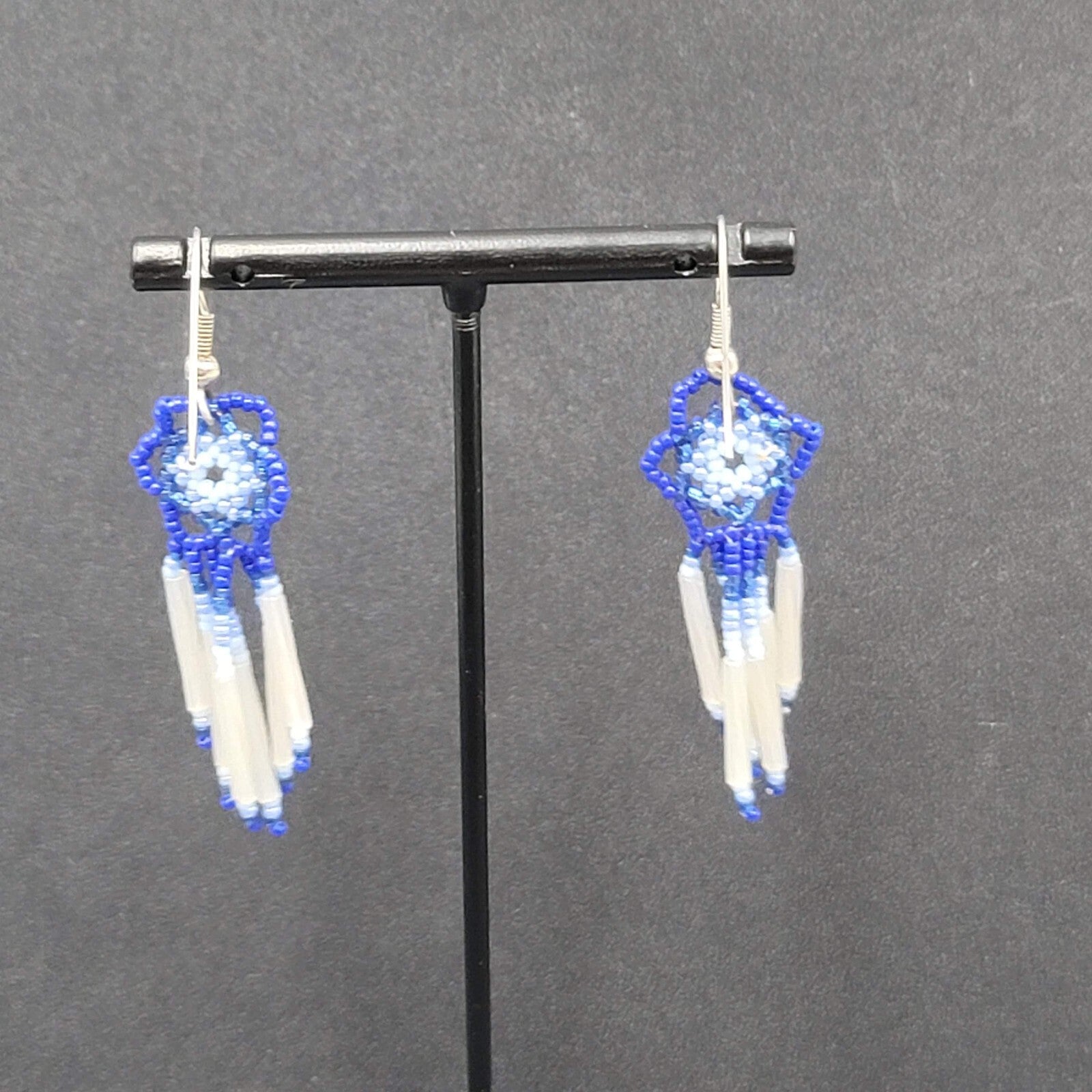 Vintage Pierced Earrings Blue White Flower Weaved Seed Beads  2"