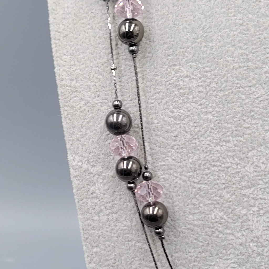 Double Black Chain Necklace Pink Glass Station Bead Long 28-30 in