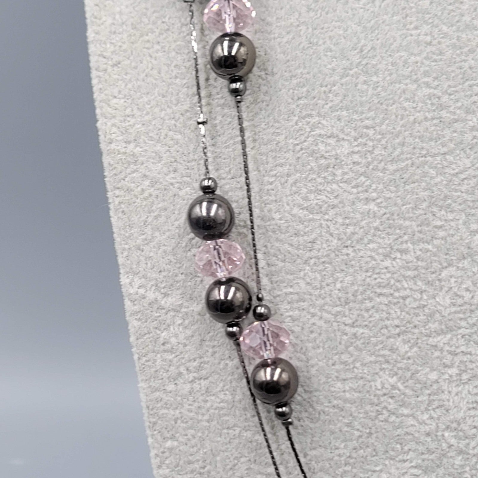 Double Black Chain Necklace Pink Glass Station Bead Long 28-30 in