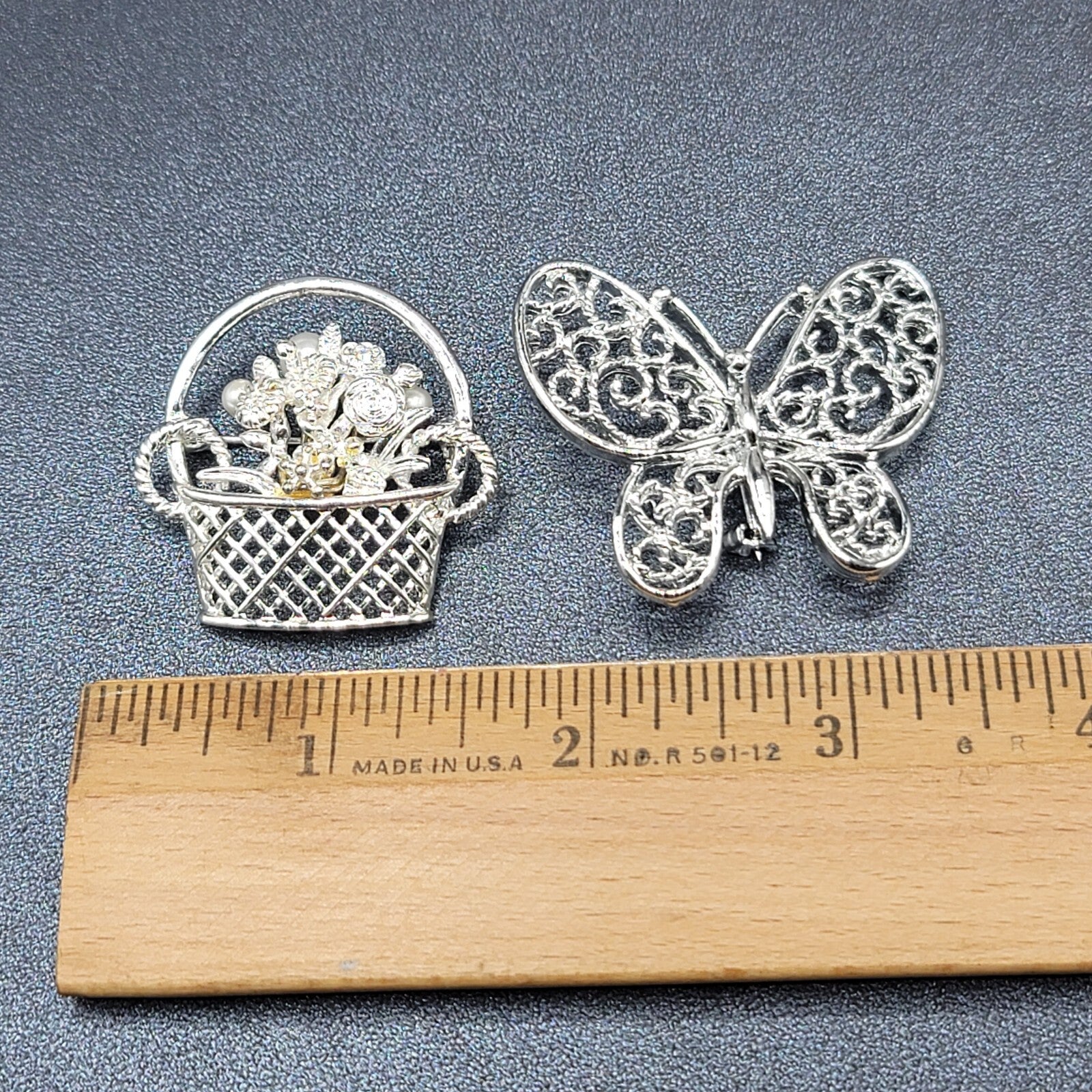 Vintage Brooch Lot of 2 Silver tone Basket of Flowers Filigree Butterfly
