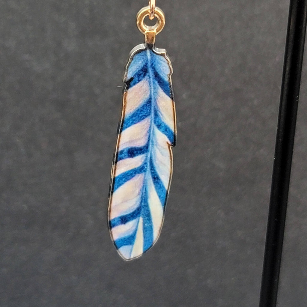 Metal Feather Pierced Earrings Blue White Striped Gold tone Dangle 1.5"