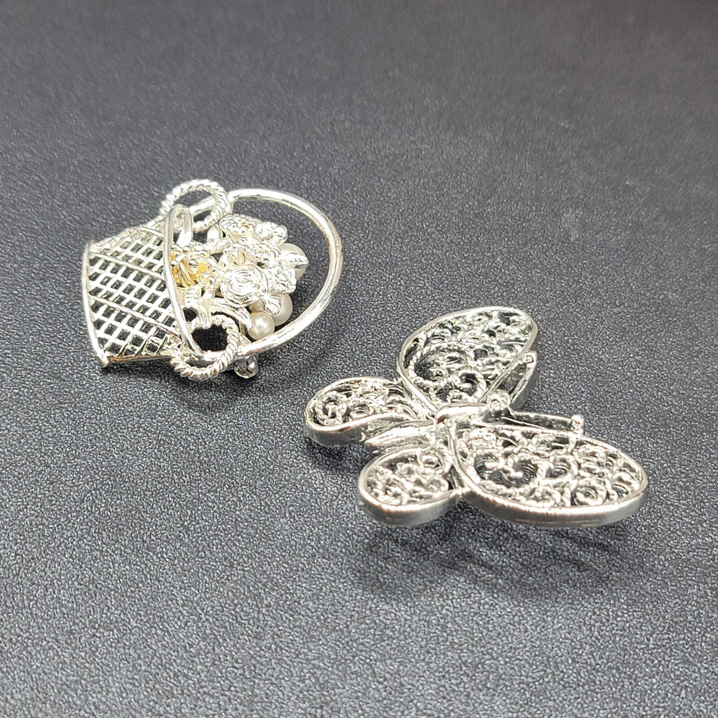 Vintage Brooch Lot of 2 Silver tone Basket of Flowers Filigree Butterfly