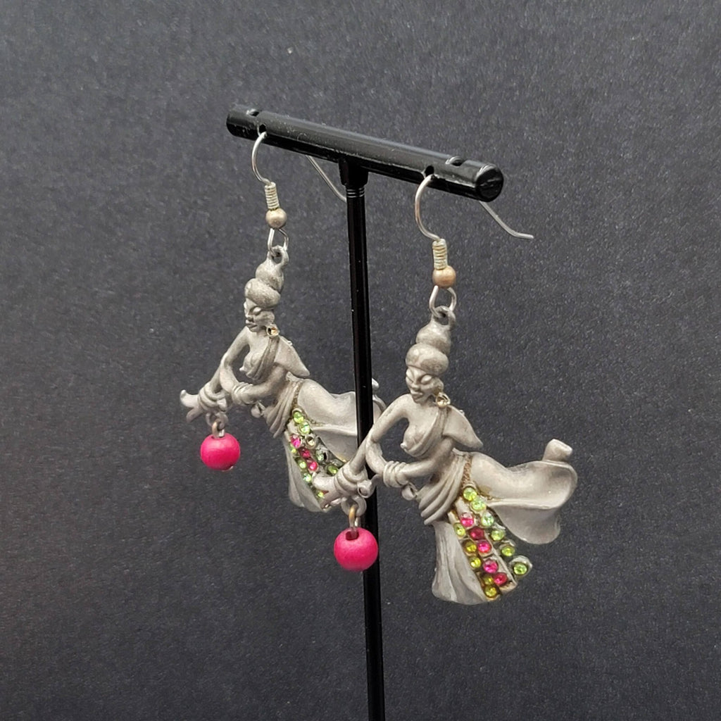 Vintage Dancer Pierced Earrings Lady Pewter Rhinestone 1.75"
