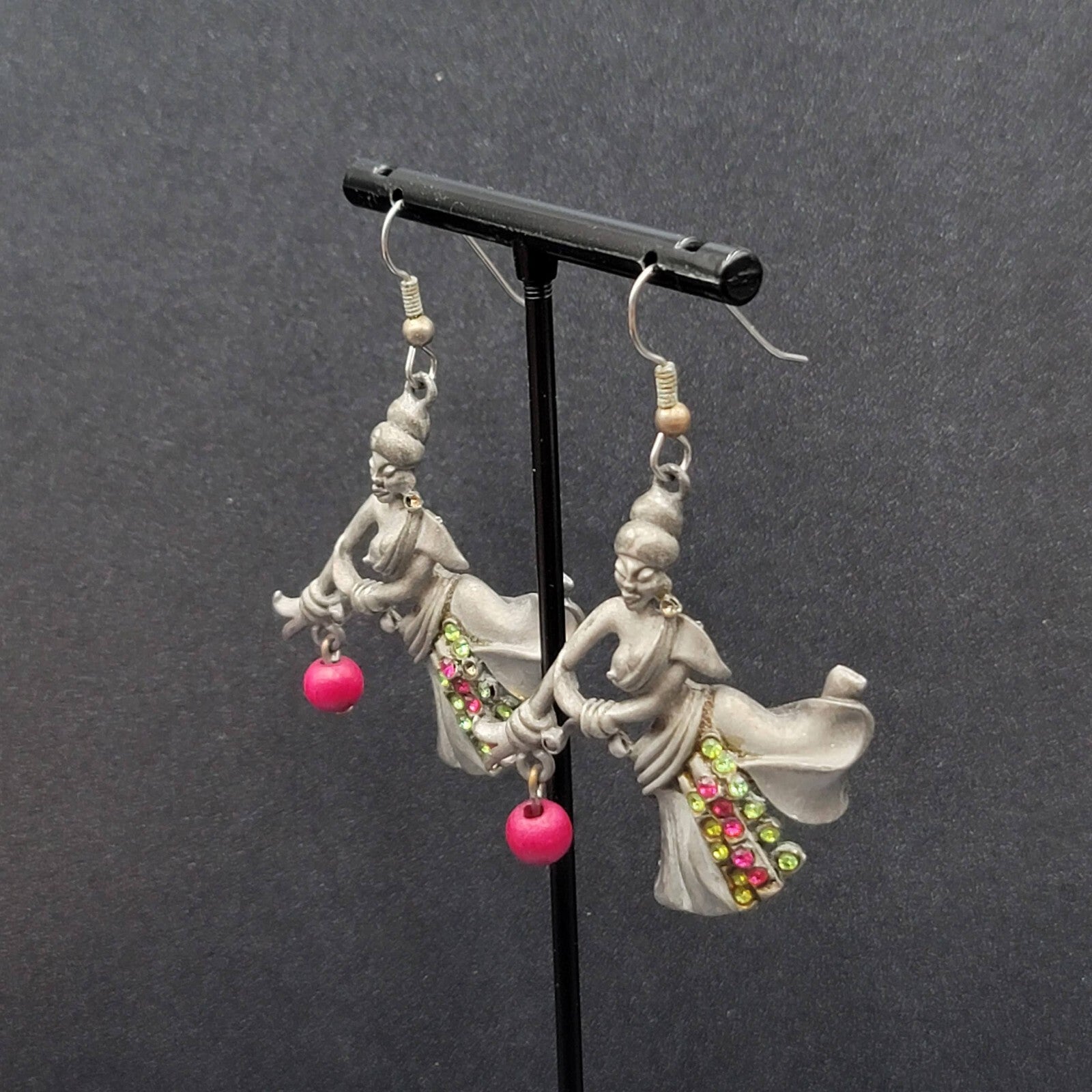 Vintage Dancer Pierced Earrings Lady Pewter Rhinestone 1.75"