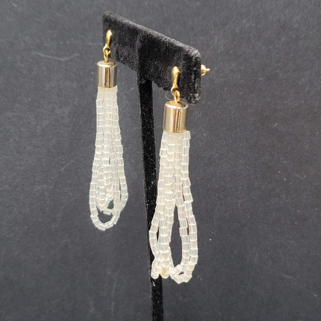 Pierced Earrings Gold tone AB White Clear Beads Dangle Loops 2.5"