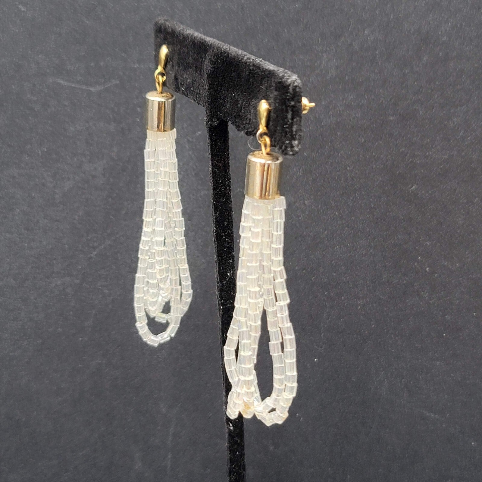 Pierced Earrings Gold tone AB White Clear Beads Dangle Loops 2.5"