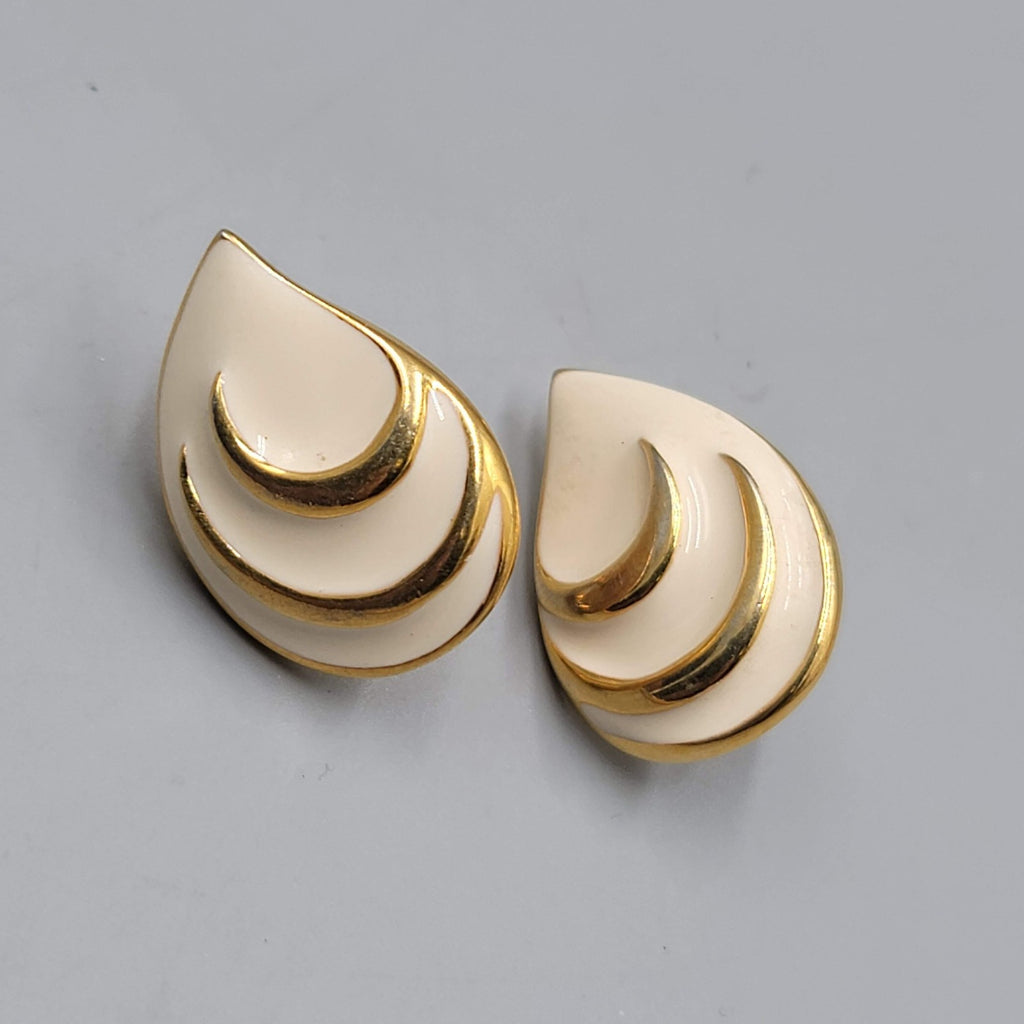 Vintage White Enamel Clip on Earrings Gold Plated Drop Signed JS 1 1/8"