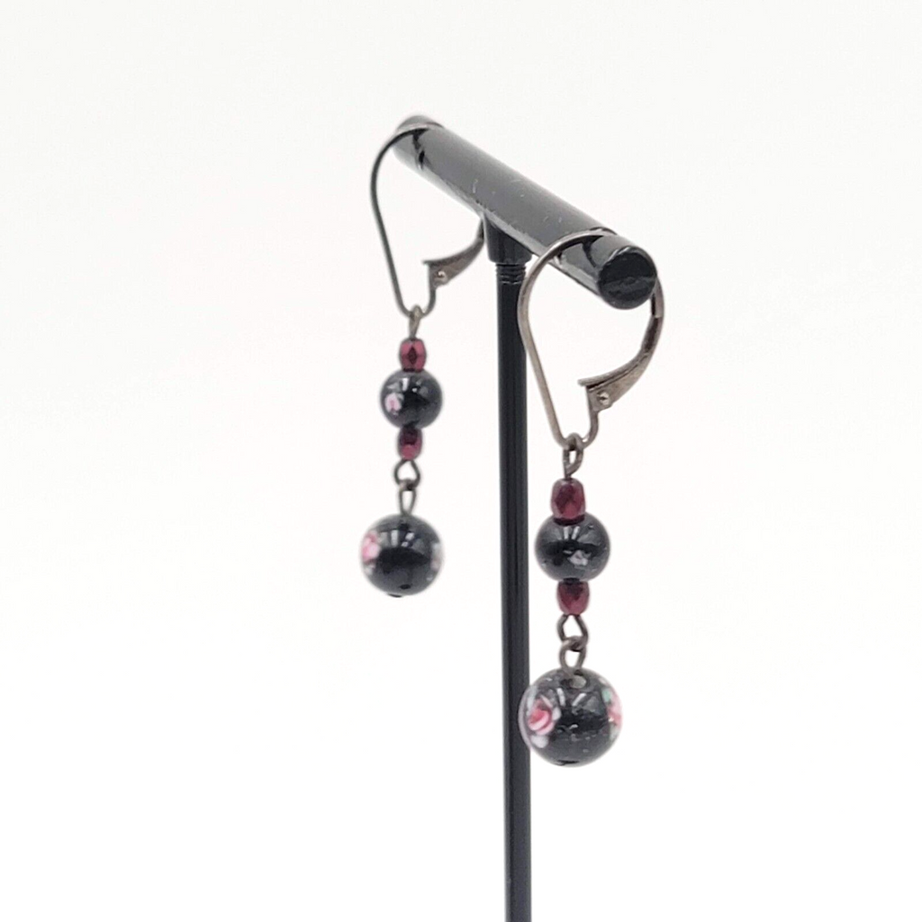 Pierced Earrings Black Metal Flower Glass Bead Dangle 1"