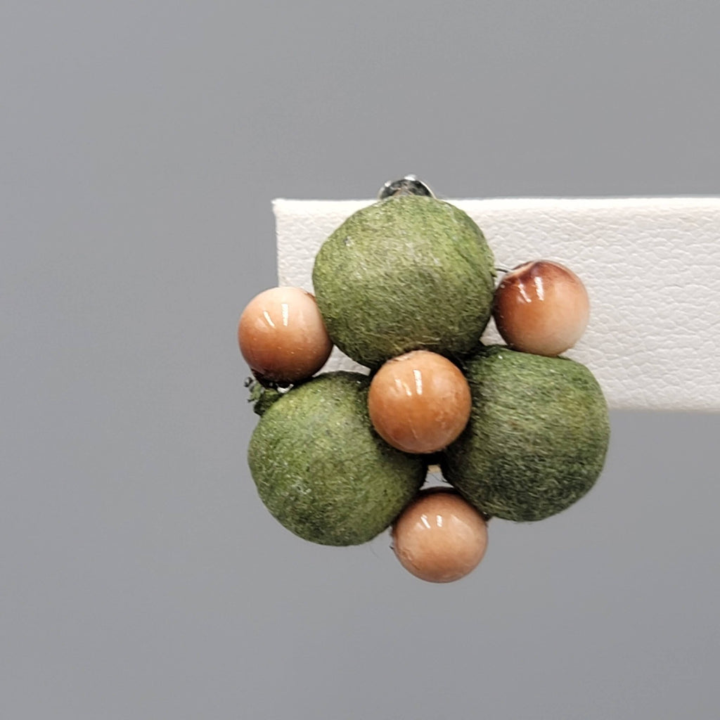 VintageWrapped Green Bead Clip on Earrings Brown Bead 1 in