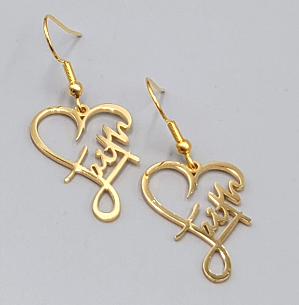 Faith Heart Pierced Earrings Gold tone Dangle 1"