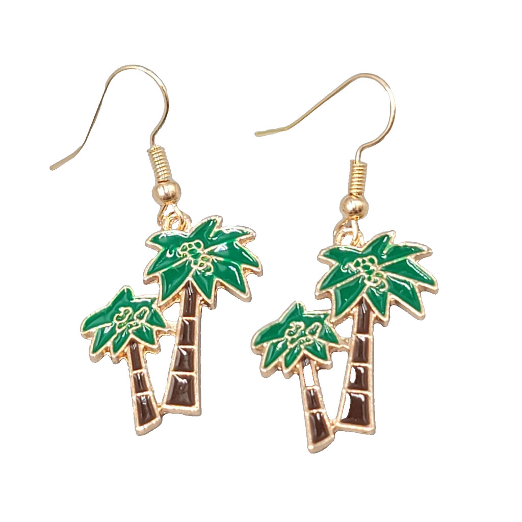 Enamel Double Palm Tree Pierced Earrings Gold tone Dangle 1"