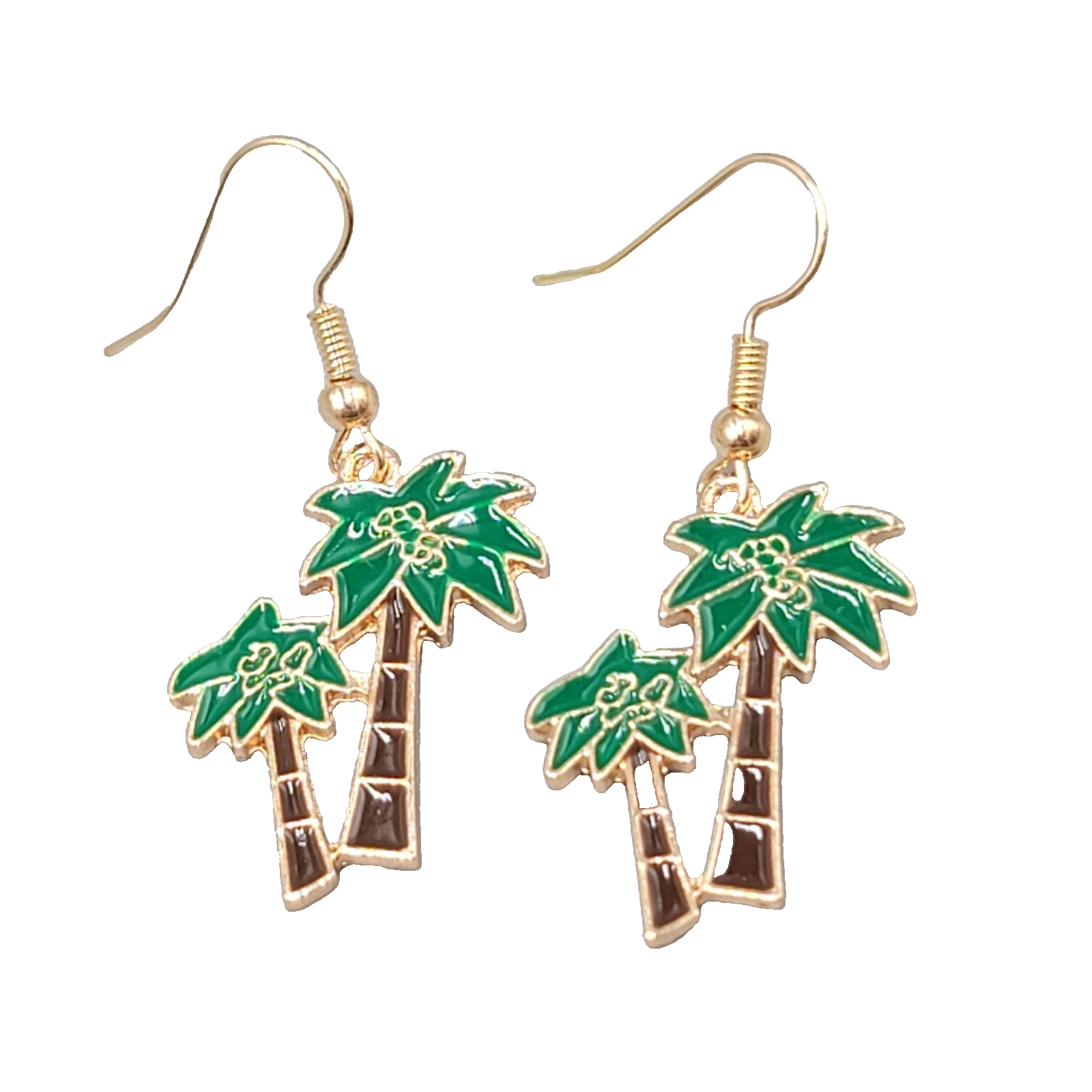 Enamel Double Palm Tree Pierced Earrings Gold tone Dangle 1"