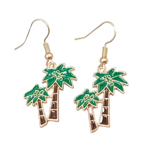 Enamel Double Palm Tree Pierced Earrings Gold tone Dangle 1"