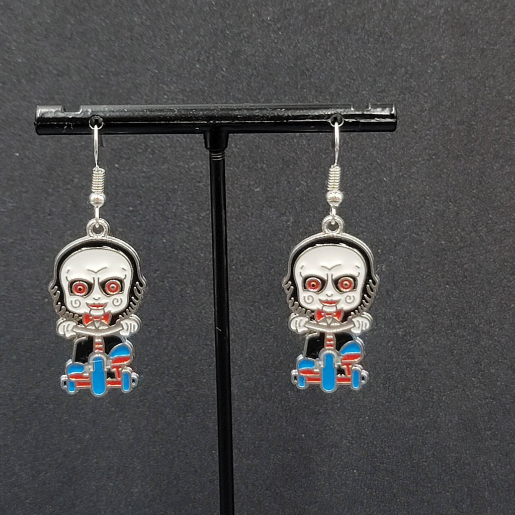 Jigsaw Pierced Earrings Enamel Silver tone SAW Horror Movie Dangle 1.25" FS