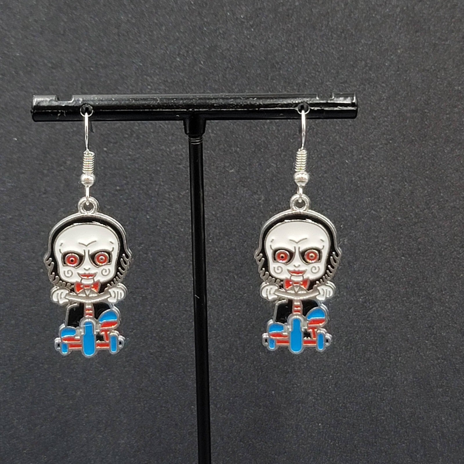 Jigsaw Pierced Earrings Enamel Silver tone SAW Horror Movie Dangle 1.25" FS